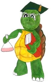 A wise tortoise carrying a book and a chemical beaker