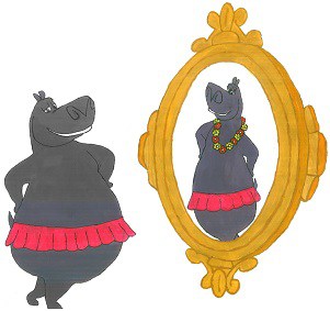 A fat stupid hippo sees itself in mirror and visualizes itself as a thinner version