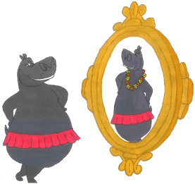 the size zero hippo in front of mirror watching its reflection to be thinner than it is