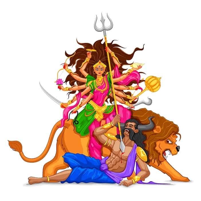 Illustration of goddess Durga killing the demon Mahishasura