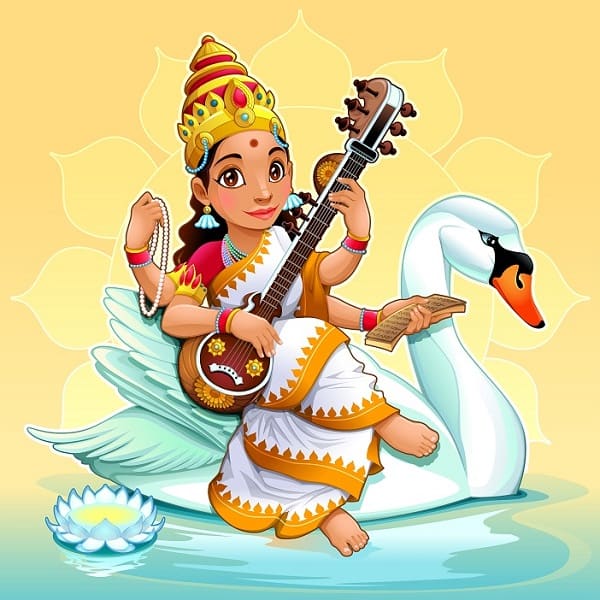 Saraswati, Hindu goddess of knowledge, music, arts, wisdom and learning. Vector cartoon illustration.
