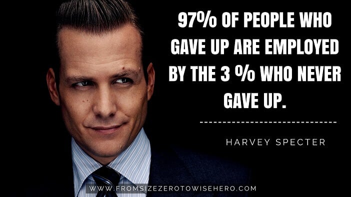 Harvey Specter Quote, "97% OF PEOPLE WHO GAVE UP ARE EMPLOYED BY THE 3 % WHO NEVER GAVE UP".